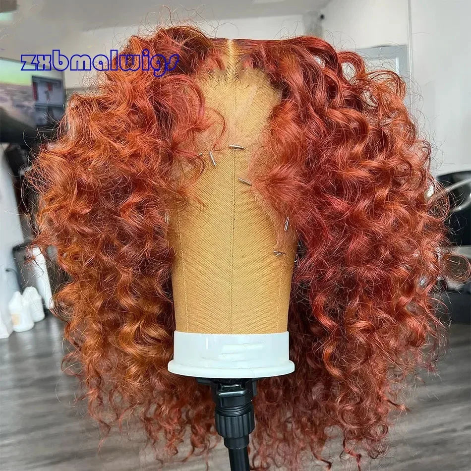 Amay QW  Soft 26Inch Long Ginger Copper Red Curly Glueless Synthetic Hair Lace Frontal Wig For Black Women Preplucked Daily Party