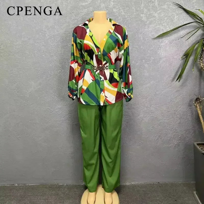 Maxy 2 Piece Matching Sets Clothes for Women Elegant Long Sleeve V-neck Print Top Pant Suits Plus Size Casual Outfits