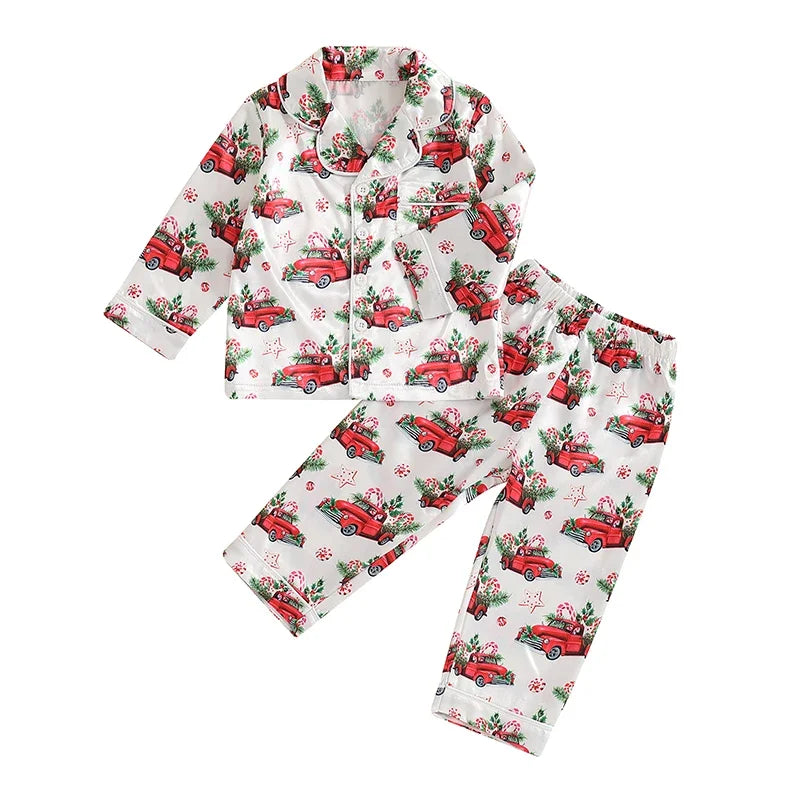 Toddler Christmas Pajamas Long Sleeve Red Truck/Tree Print Shirt and Pants Set Fall Winter Baby 2 Pieces Loungewear for 1Y to 5Y