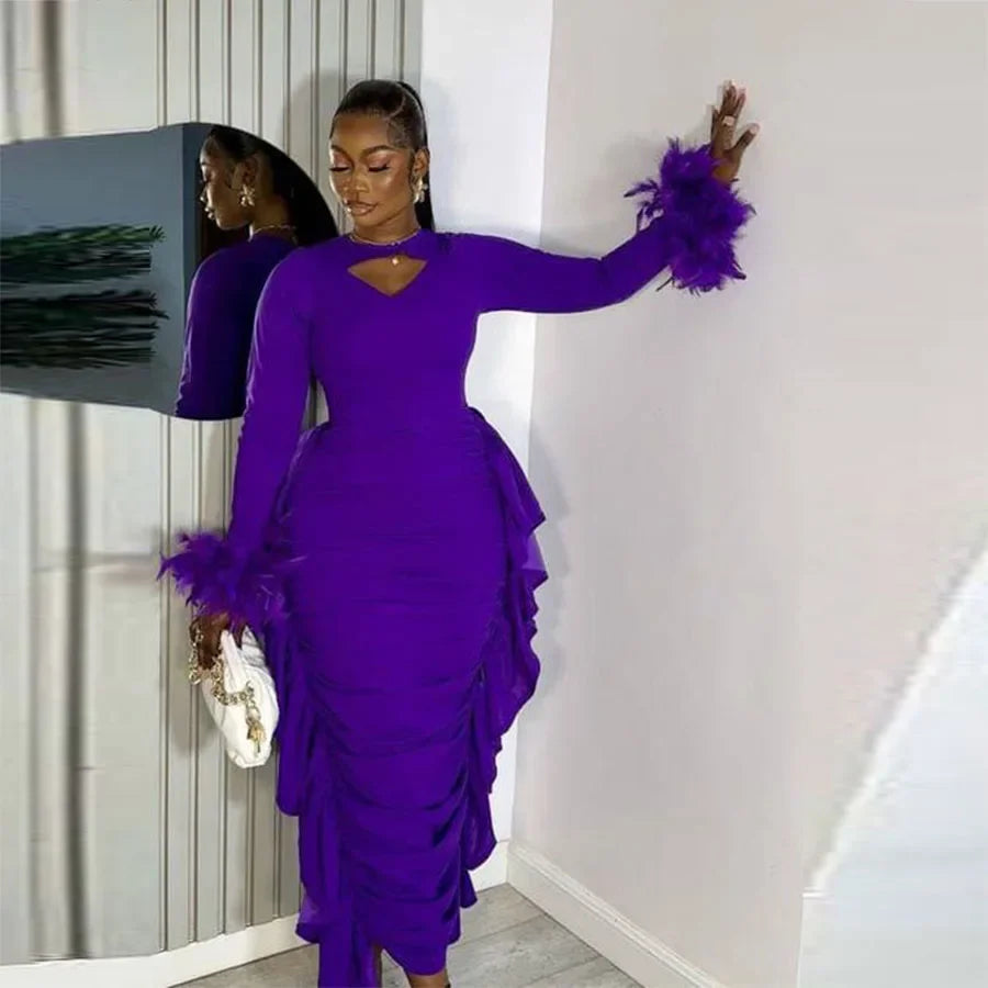 Maxy Purple Sheath Prom Dresses Feather Long Sleeves Rushed Evening Gowns Black Girls Plus Size Formal Party Dress Robe