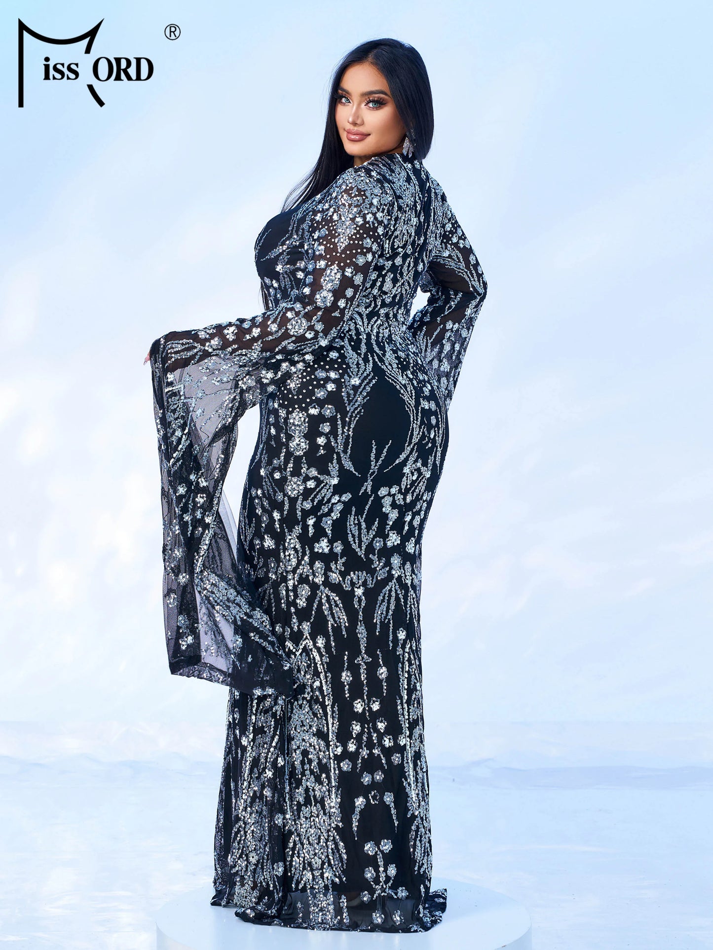 Maxy New Plus Size Church Muslim Dress Round Neck Sequin Extended Sleeve Evening Gown Formal Occasion Cocktail Ball Dresses