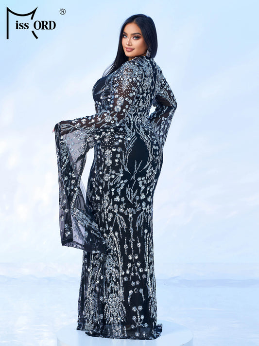 Maxy New Plus Size Church Muslim Dress Round Neck Sequin Extended Sleeve Evening Gown Formal Occasion Cocktail Ball Dresses