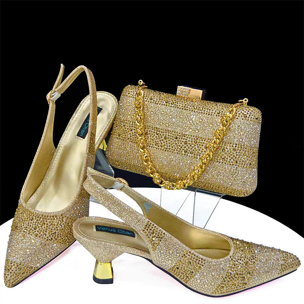 Maxy Fashion Italian Design Exquisite Beaded Flower Embellishment Golden African Women's Pointed Toe Shoes and Bags Set