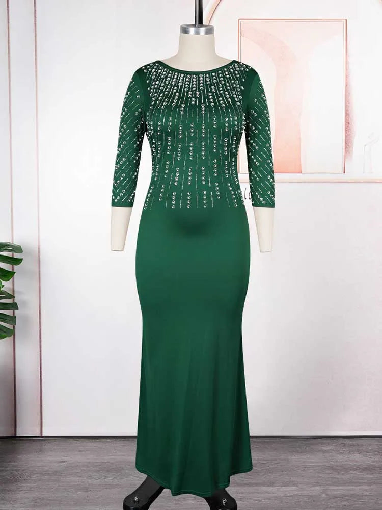 Maxy Plus Size Dresses for Woman Elegant Party Solid Color Diamond Long Evening Dresses Maxy Long Sleeve Dress