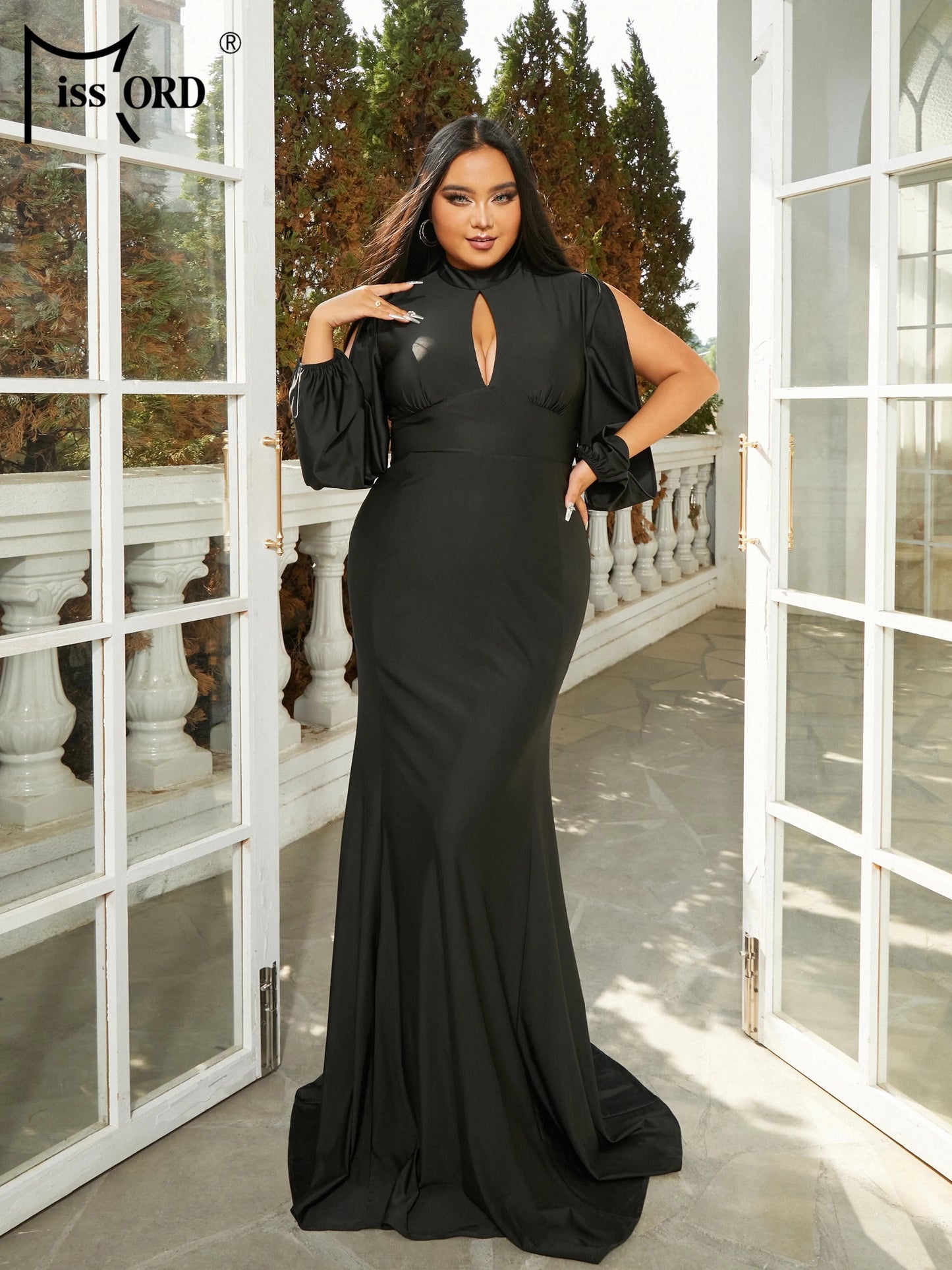 Missord Black Plus Size Mermaid Dress Women Turtleneck Split Lantern Sleeve Cutout Bodycon Prom Evening Dresses Long Party Gown