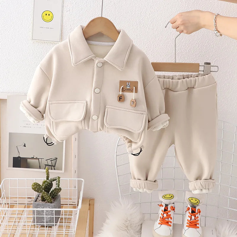 Toddler Outfits Autumn Winther Clothes for Kids Casual Flip Collar Plush Velvet Long Sleeve Coats and Pants Two Piece Boys' Set