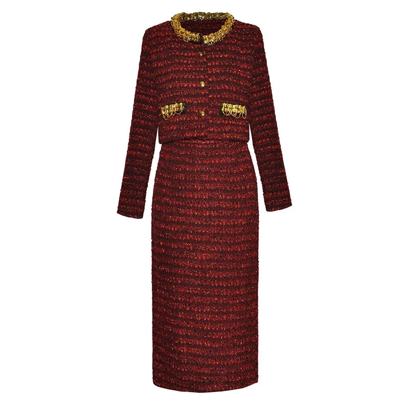 Seasixiang Striped Tweed Suit Women Diamonds O-Neck Single Breasted Jacket + Pencil Skirt Vintage Two Piece Set Female New