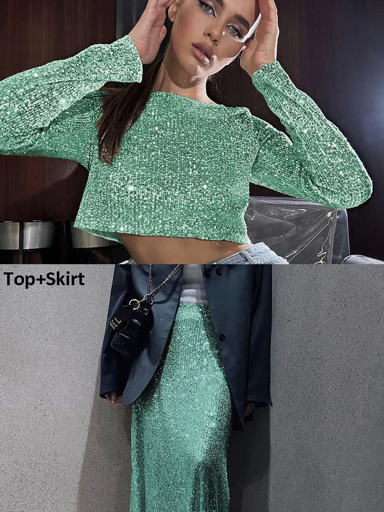 Maxy Autumn Sequin Dress Suit Sexy Club Party Women Crop Top+Long Skirt Elegant Two Piece Matching Set