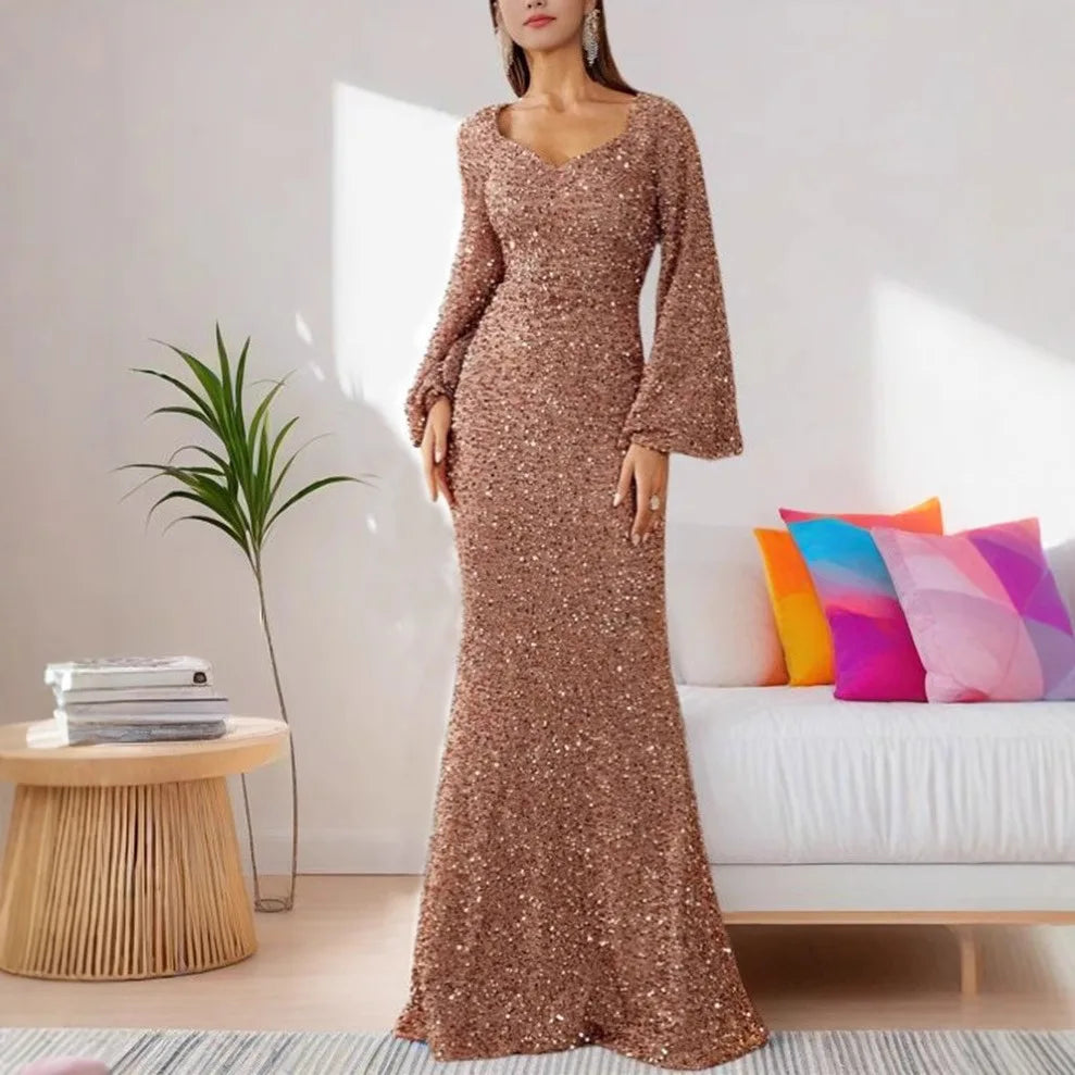 Maxy Elegant Sequins Prom Dress Women Fashion V-neck Wrapped Hip Flare Sleeve Long Evening Dress Chic Solid Party Gown Dresses