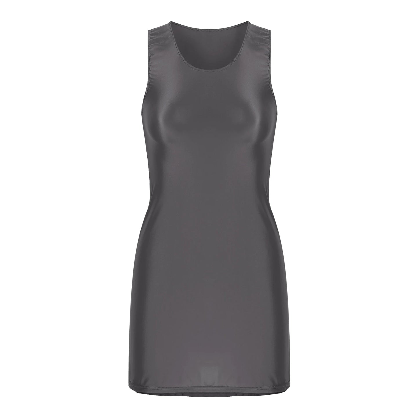 Maxy Women's Oil Glossy Stretch Tank Mini Dress Solid Color Sleeveless Tights Bodycon Short Dress Stretch U Neck Party Sundress