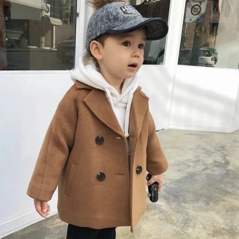 Maxy Boy Girl Woolen Jacket Long Double Breasted Warm Infant Toddler Lapel Tweed Coat Spring Autumn Winter Baby Outwear Clothes