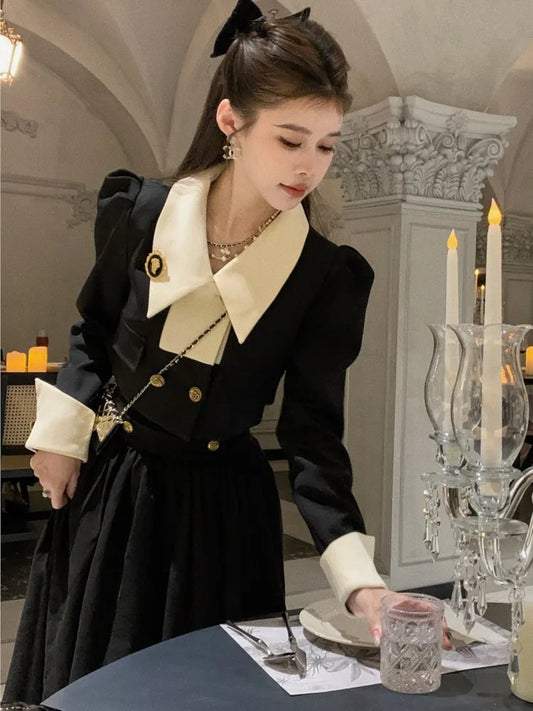 Spring New Elegant 2 Piece Sets Womens Vintage Black Blazer Skirts Suit Femme Outfits Autumn Korean Fashion y2k Clothes