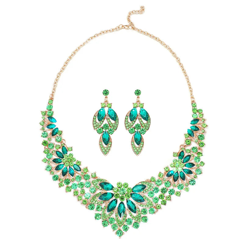 Maxy Luxury Exquisite Green Crystal Leaf Dubai Jewelry Sets For Women Wedding Party Jewelry Accessories Stud Earrings & Necklace Gift