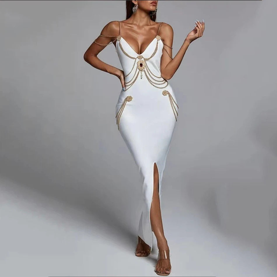 Babs High Quality New Black White Chain Spaghetti Strap V-Neck Split Bandage Dress Bodycon Celebrity Club Party Long Dress