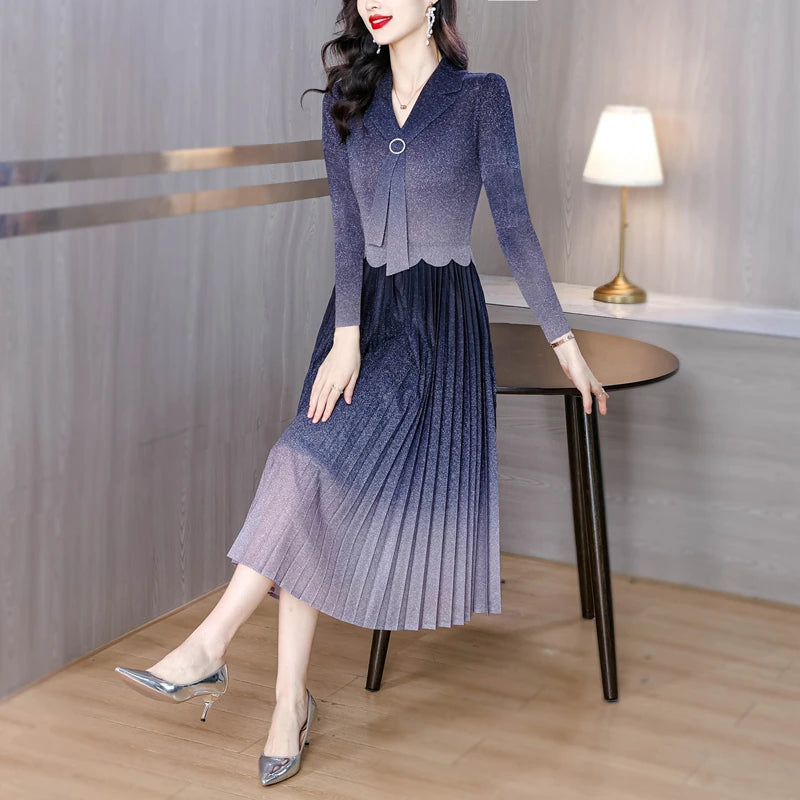 Maxy Wrinkled Autumn Starry Sky Color Matching Slimming Dress Women's High-end Versatile Ribbon Skirt Miyake Maxy Dress