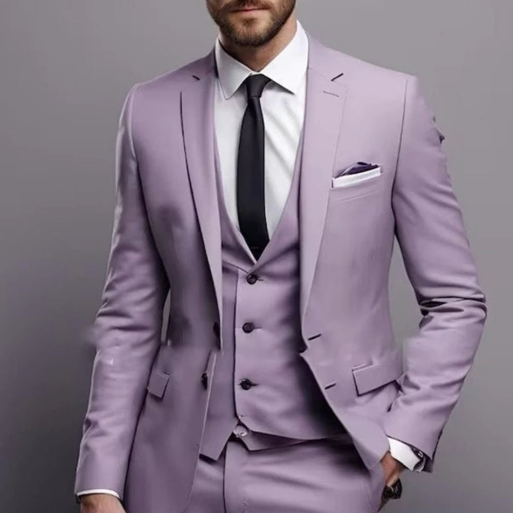 Visco Elegant Purple Men's Suits Formal Wedding Groom Outfits 3 Piece Jacket Pants Vest Male Clothing Full Sets Luxury Blazer Terno