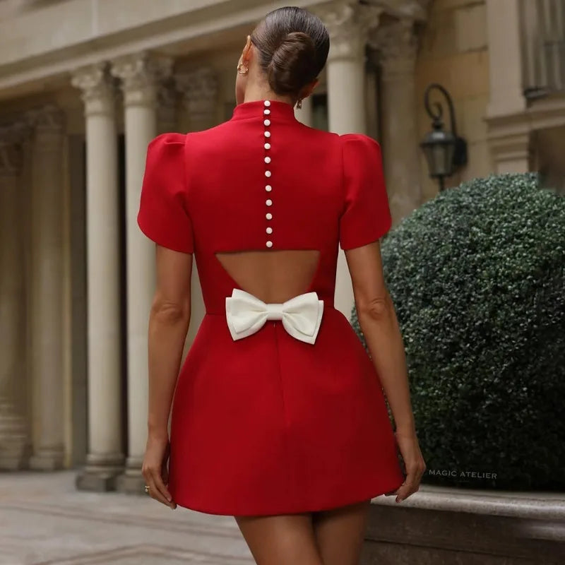 Maxy Talenza Bow Hollow Evening Gown Women's Elegant Solid Stand Collar Short Dress Luxurious Slim High Waist A-Line Dress Vestidos