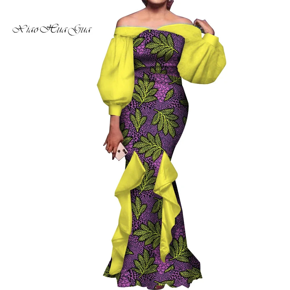 Amay Fashion Women Ankara Dresses Flash Neck Puff Sleeve Long Dress African Dress Robe Africaine Femme Evening Mermaid Dress WY1848