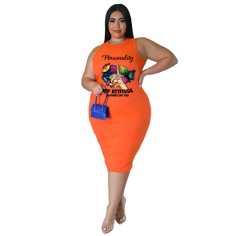 Wmstar Plus Size Women Clothing Dress Summer Lip Print Bodycon Stretch Elegant Midi Dresses Women Wholesale Dropshiping 2023