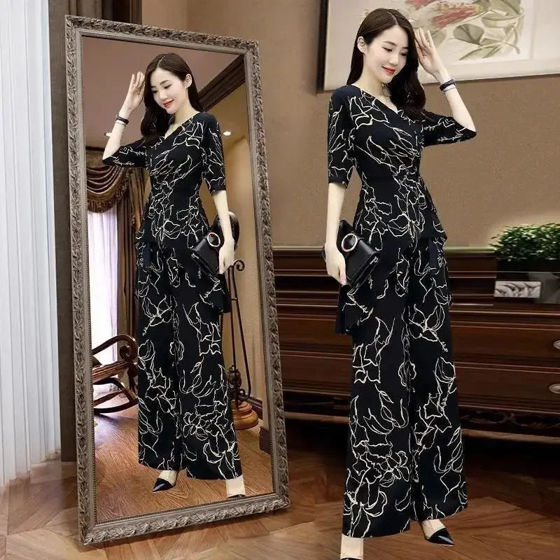 Maxy Women Two Piece Sets New Spring Summer Chiffon Print Top High Waist Wide Leg Pants Casual Fashion Suit Female Plus Size Clothing