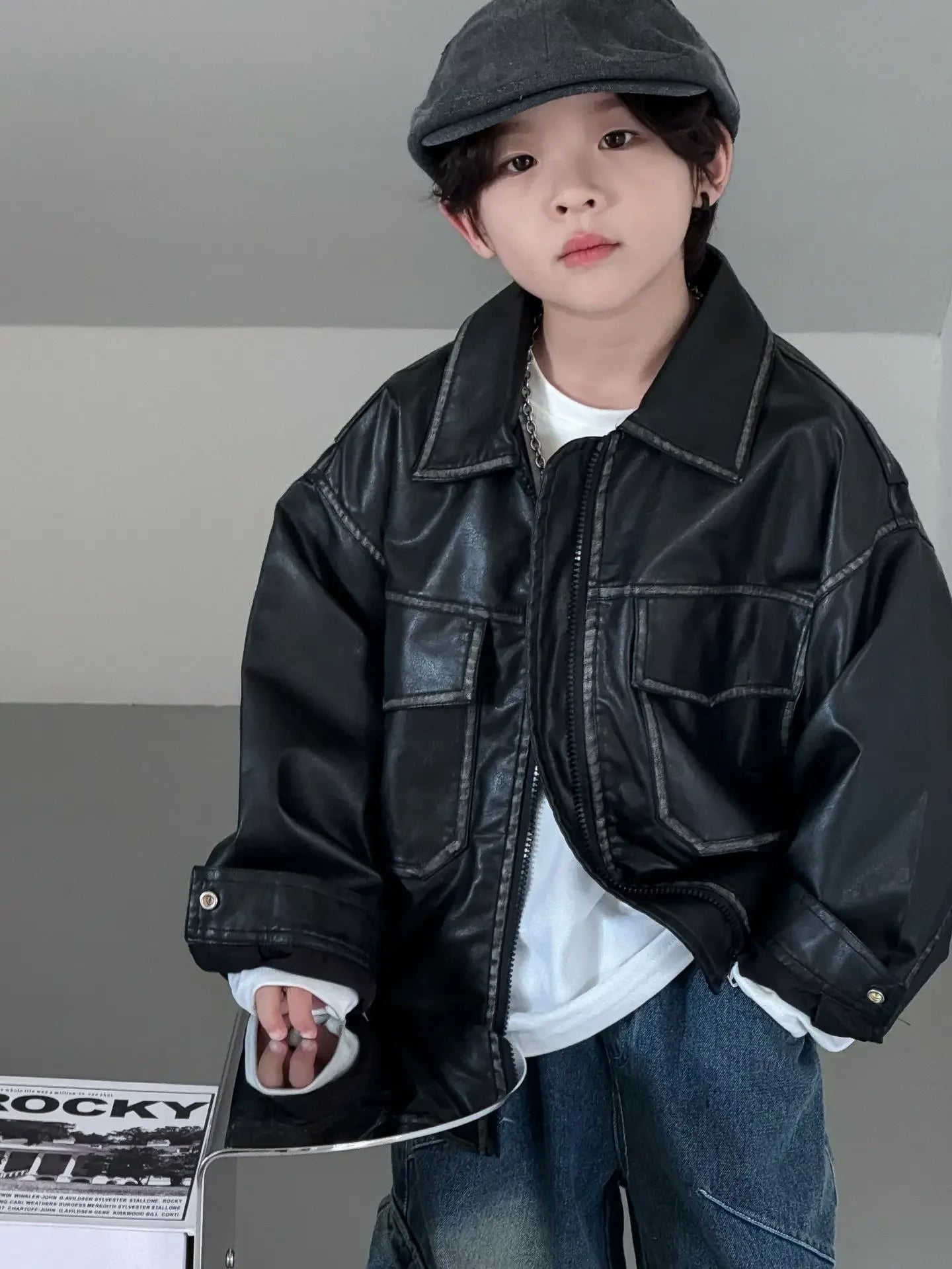 Babs Autumn New Styles for Boys Korean Children Clothes Retro Wash Black Color PU Leather Jacket Toddler Girl Winter Clothes