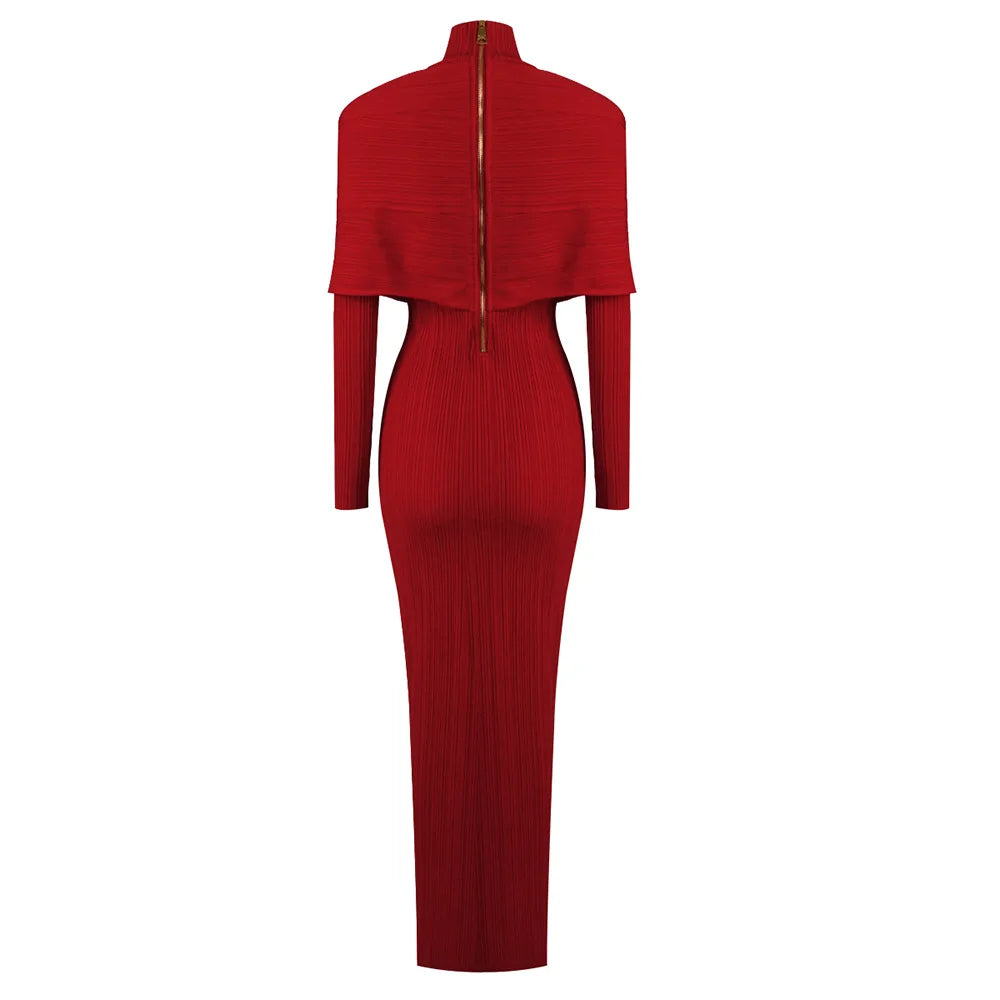 Maxy Women's Party Dresses Luxury Winter New Red Bandage Long Dress Turtle Neck Cross Design Knitted Slim Fit Evening Gown