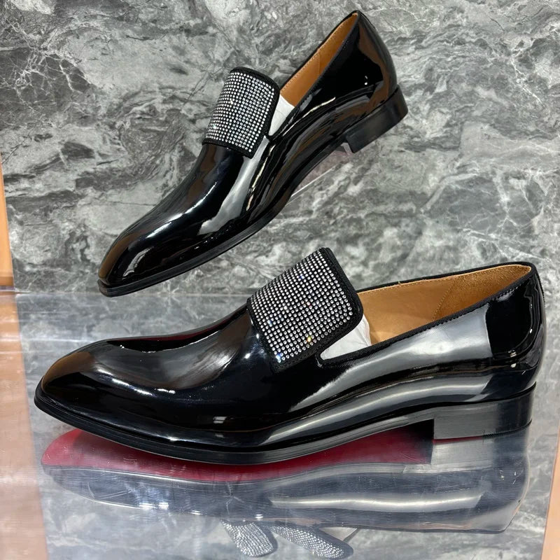Visco New Stylish Men's Black Patent Leather Shoes Luxury Rhinestone Loafers Shoes For Men Handmade Slip On Dress Shoes Wedding Shoes