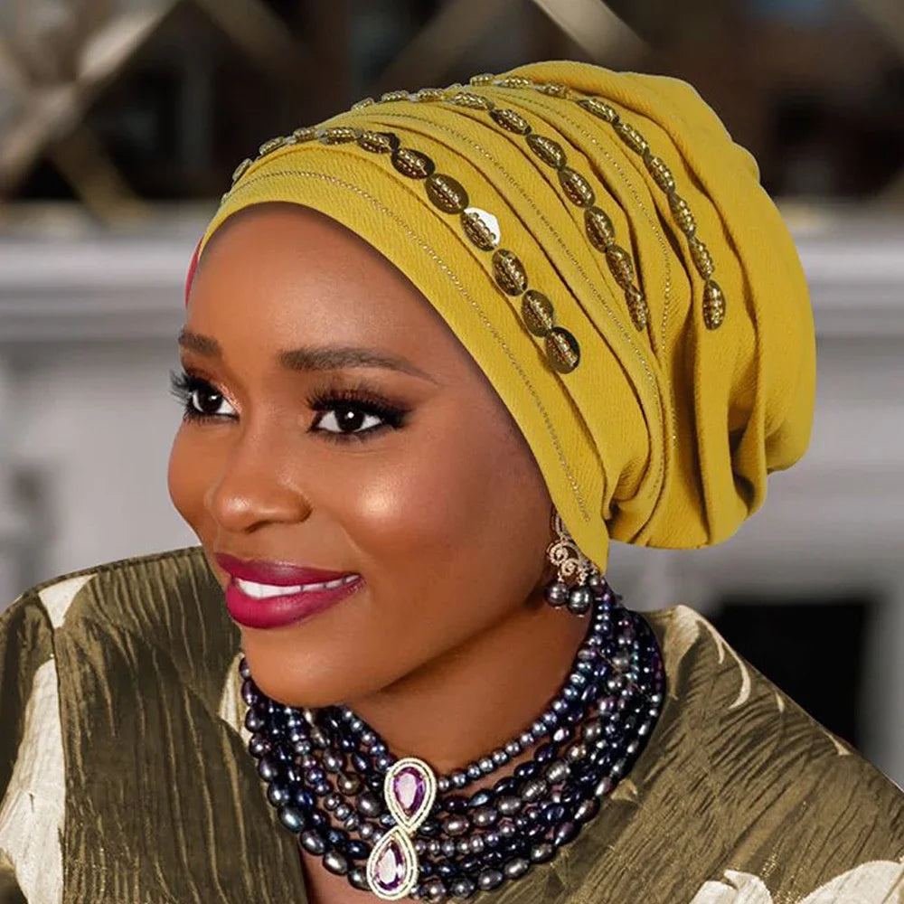 Maxy New Diamonds Turban Cap for Women Muslim Hijab Bonnet Headscarf Nigeria Geles Wedding Hat African Auto Gele Head ties Head Wrap