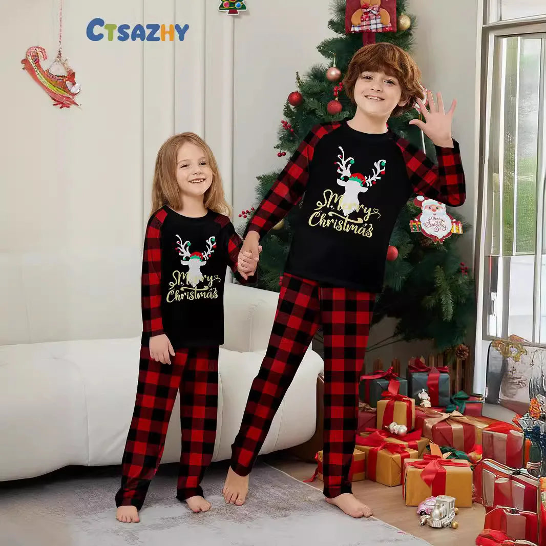 Maxy new autumn Christmas family suit, family pajamas set, round neck red and black check cute deer print long sleeve home suit