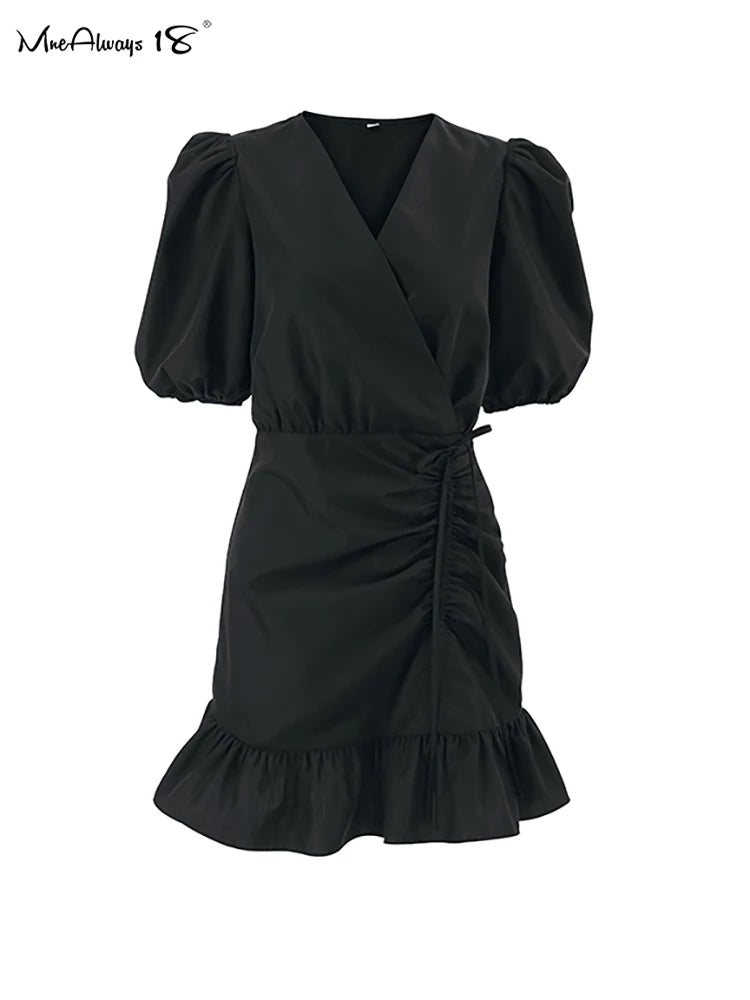 Gracy's Black Drawstring Elegant Mini Dress Womens Puff Sleeves Ruffled V-Neck Office Ladies Dress Summer High Waisted