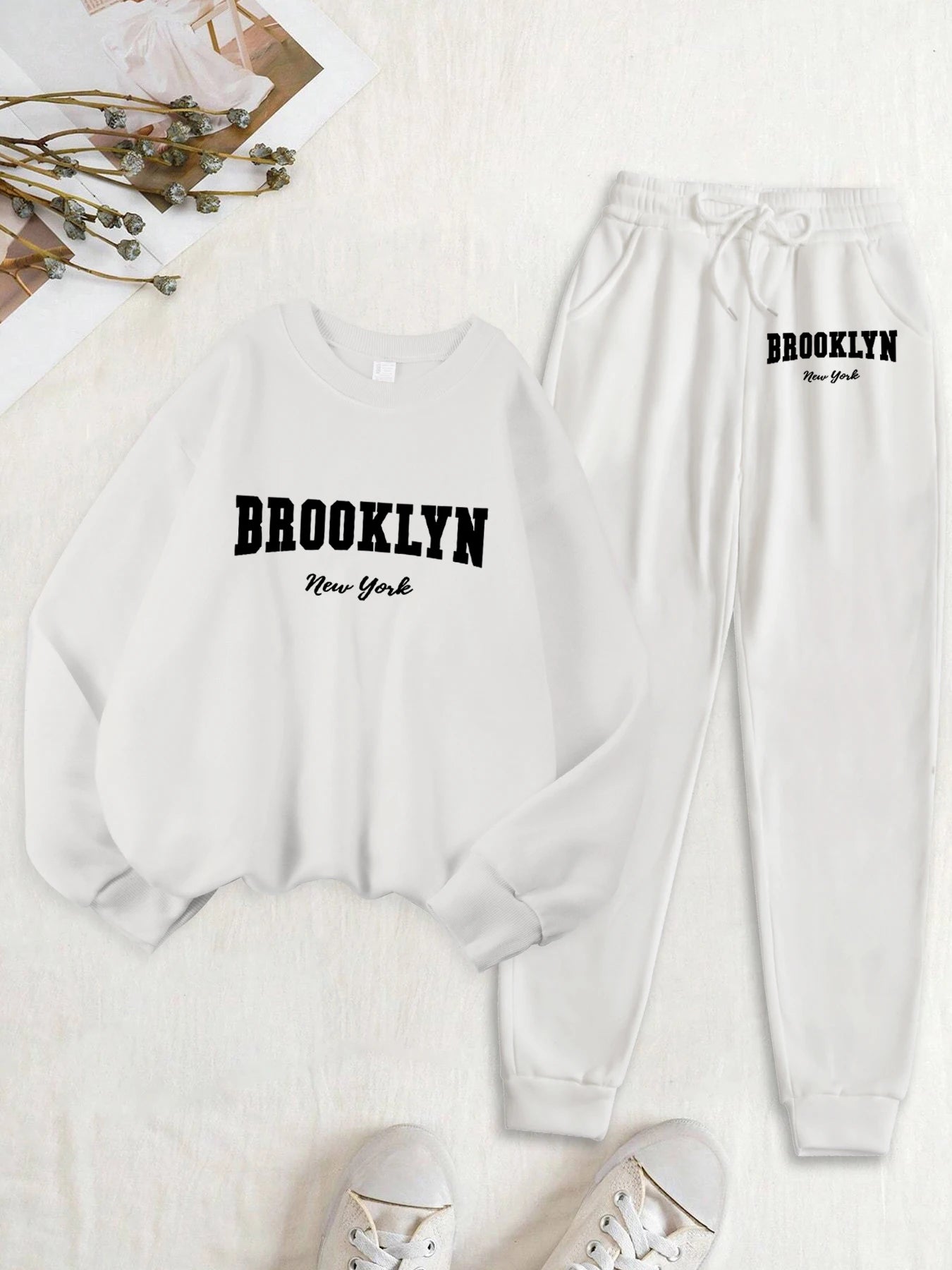 Maxy Brooklyn New York Letter Print Women Sweatshirt Set Autumn Fleece Clothes 2Pc Sets O-Neck Casual Tracksuit Fashion Jogging Pants