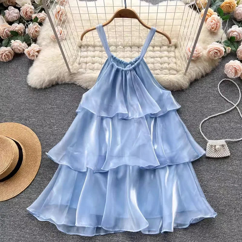 WAKUTA Summer Elegant Neck Hanging Sleeveless Ruffle Edge Dresses Casual Patchwork Ruffle Edge Sweet Cake Vestido Elegante Mujer