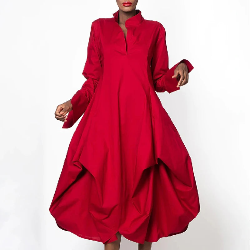 Maxy Oenocyan Stylish Women's Elegant Party Dress Solid Red Long Sleeves Stand-Collar Loose Prom Midi Dresses For Women