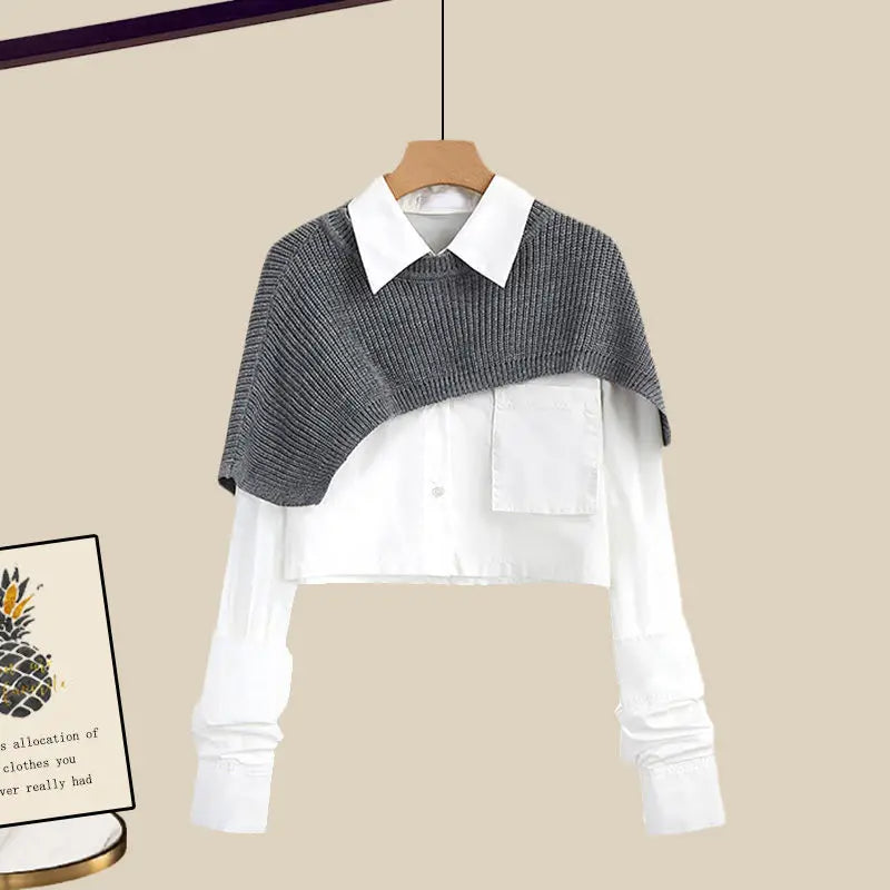 Maxy Women's Autumn and Winter Set New Loose Shawl Shirt High Waist Knitted Half Skirt Minimalist Fashion Two Piece Set