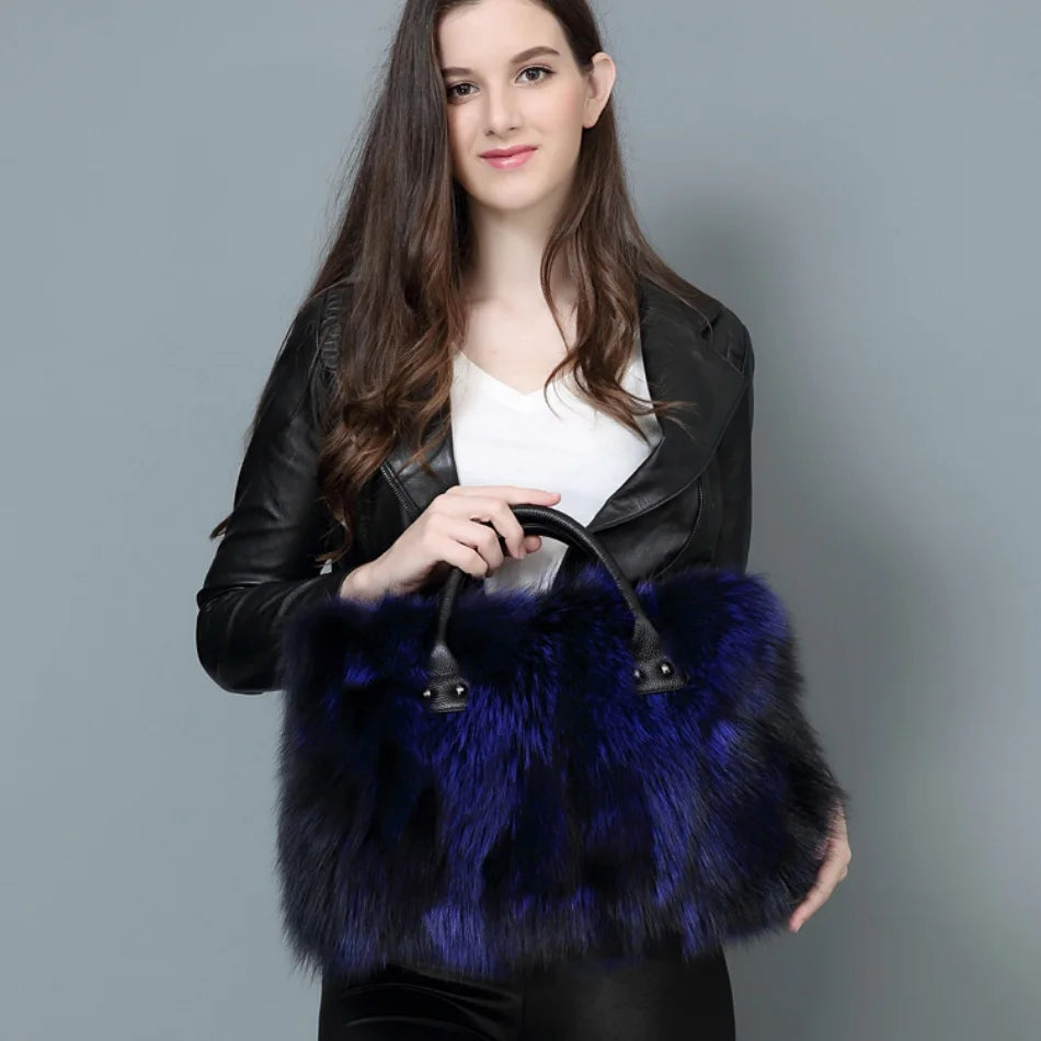 Maxy Real Fox Fur Large Size Bag Plush Ladies Crossbody Bags Designer Luxury Handbags Fluffy Tote Bag Women's Furry High End Big Bag