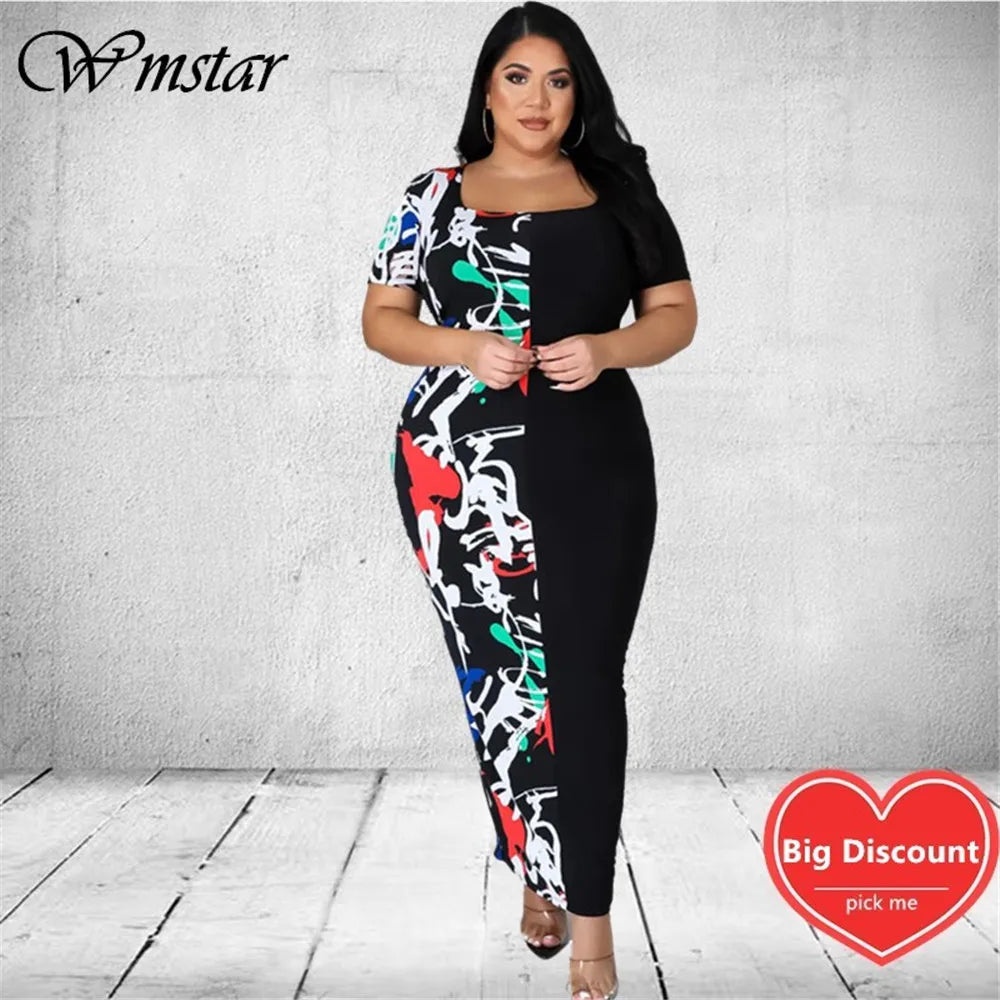 Wmstar Plus Size Dress 5xl Women Summer Clothes Patchwork Loose Casual Elegant Maxi Dress Party New StyleWholesale Dropshipping