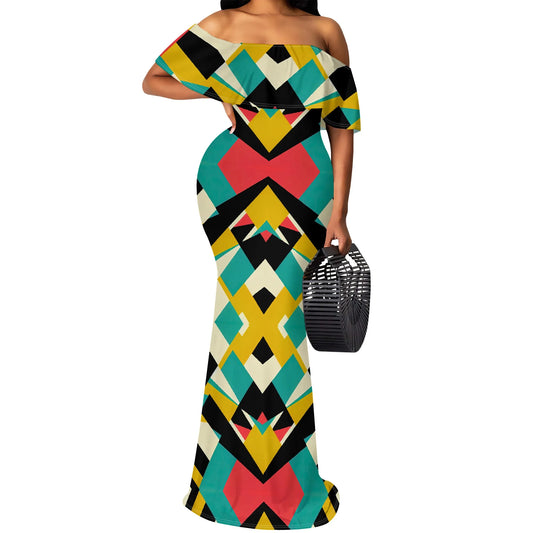 Maxy Sparkle Diamond Print Maxy Dress S-3XL Off Shoulder Bodycon Mermaid Style for New Year’s Eve, Holiday Dinner or Glam Party Look