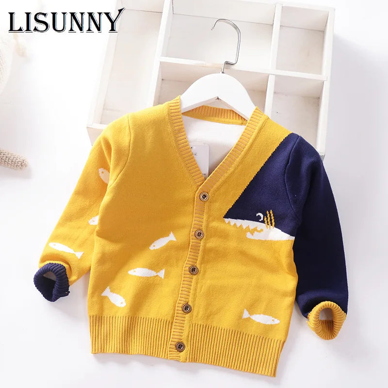 Babs Boys Sweater Cardigan Coat 2024 Autumn Winter Children's Sweaters Kids Knit Clothes Cartoon Whale V-Neck Toddler Sweaters