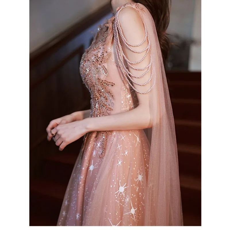 Maxy Summer Women's New Super Immortal Beaded Glitter Celebrity Long Style Banquet Evening Dress Fashion Art Exam Host Dress