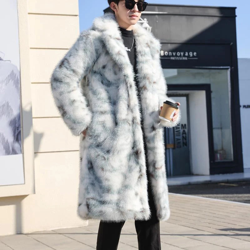 Visco Long Knee Length Faux Fur Coat Turn-down Collar Korea Fashion Contrast Color Long Sleeve Male Tops Jacket 21Z5563