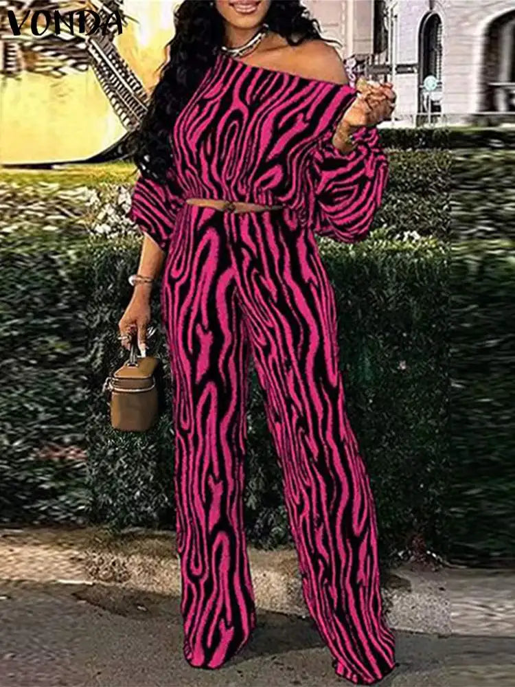 Maxy Plus Size Pant Sets Autumn Zebra-stripe Bohemian Printed 2PCS Long Sleeve Skew Collar Top and High Waist Pants Casual Sets