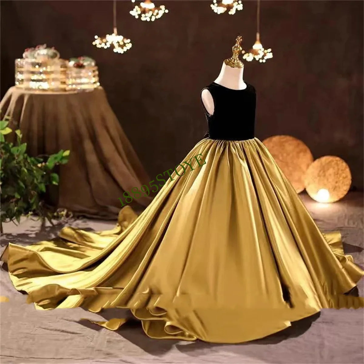 Maxy Customized Gold Pretty Dress Flower Girl Dresses for Wedding Pageant Big Bow Ball Gowns Applique Tulle Elegant Beach Party D