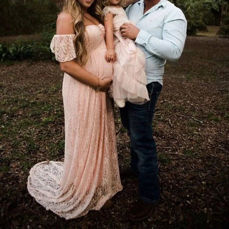 Maxy Pregnant Women Off Shoulder Ruffle Sleeve Lace Maternity Gown Maxi Photography Dress Elegant Pregnancy Dresses for Photo Shoot