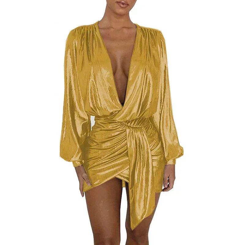 Maxy Plus Size Elegant Deep V-neck Long Sleeve Shiny Metallic Dress Women Evening Irregular Bodycon Mini Dress Vintage Ball Gowns
