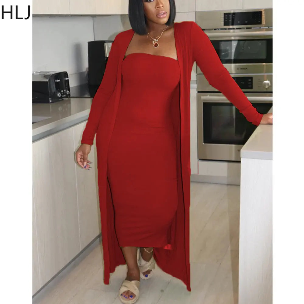 Maxy Casual Off Shoulder Bodycon Dress and Long Sleeve Cardigan Coats Women Solid Color Matching 2pcs Outfits Female Tracksuits