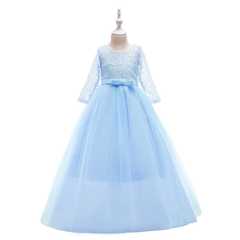 Maxy Girls Lace Embroidered Bow Princess Dress Long Sleeve Tulle Gown For Toddler First Communion Bridesmaid Wedding Birthday Party