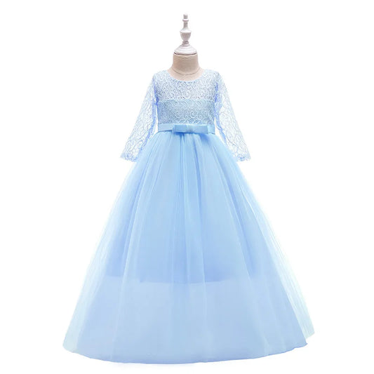 Maxy Girls Lace Embroidered Bow Princess Dress Long Sleeve Tulle Gown For Toddler First Communion Bridesmaid Wedding Birthday Party
