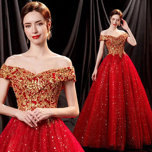 Maxy New Sparkling Gilded Red Glitter One Shoulder Bridal Wedding Toast Evening Dress Fashion Stage Performance Big Pendant Dress