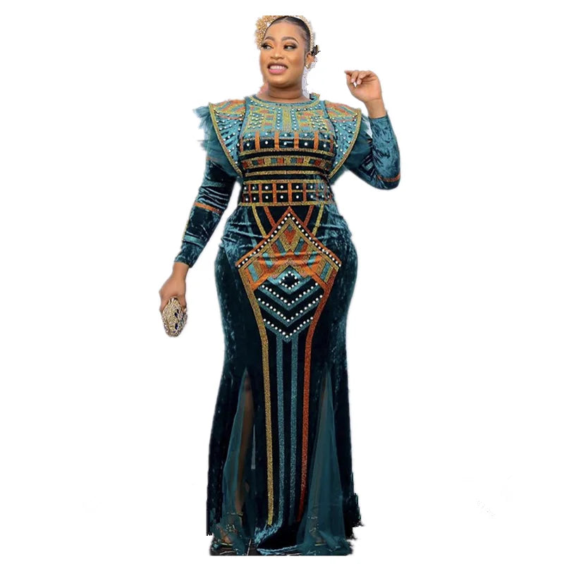 New Winter Women Bazin Rich African Ethnic Printed Rhinestone Dress Autumn Velvet Fashion Exotic Party Maxi Dresses For Women