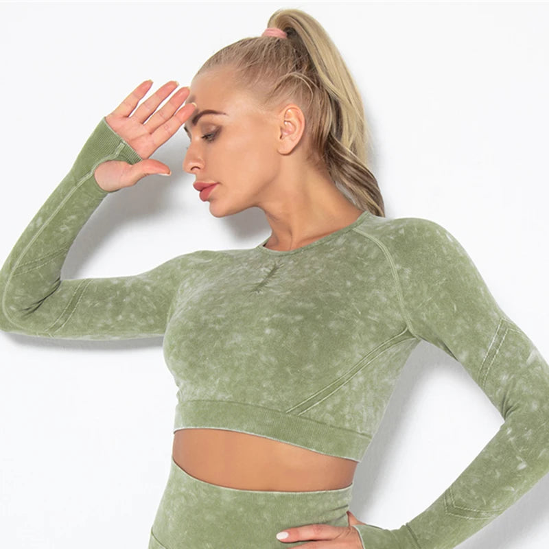 Seamless Sports Suits Women O-neck Crop Tops Long Sleeve Push Up Leggings Sets Gym Wear Summer Two Pieces Sets Tracksuit Feamle